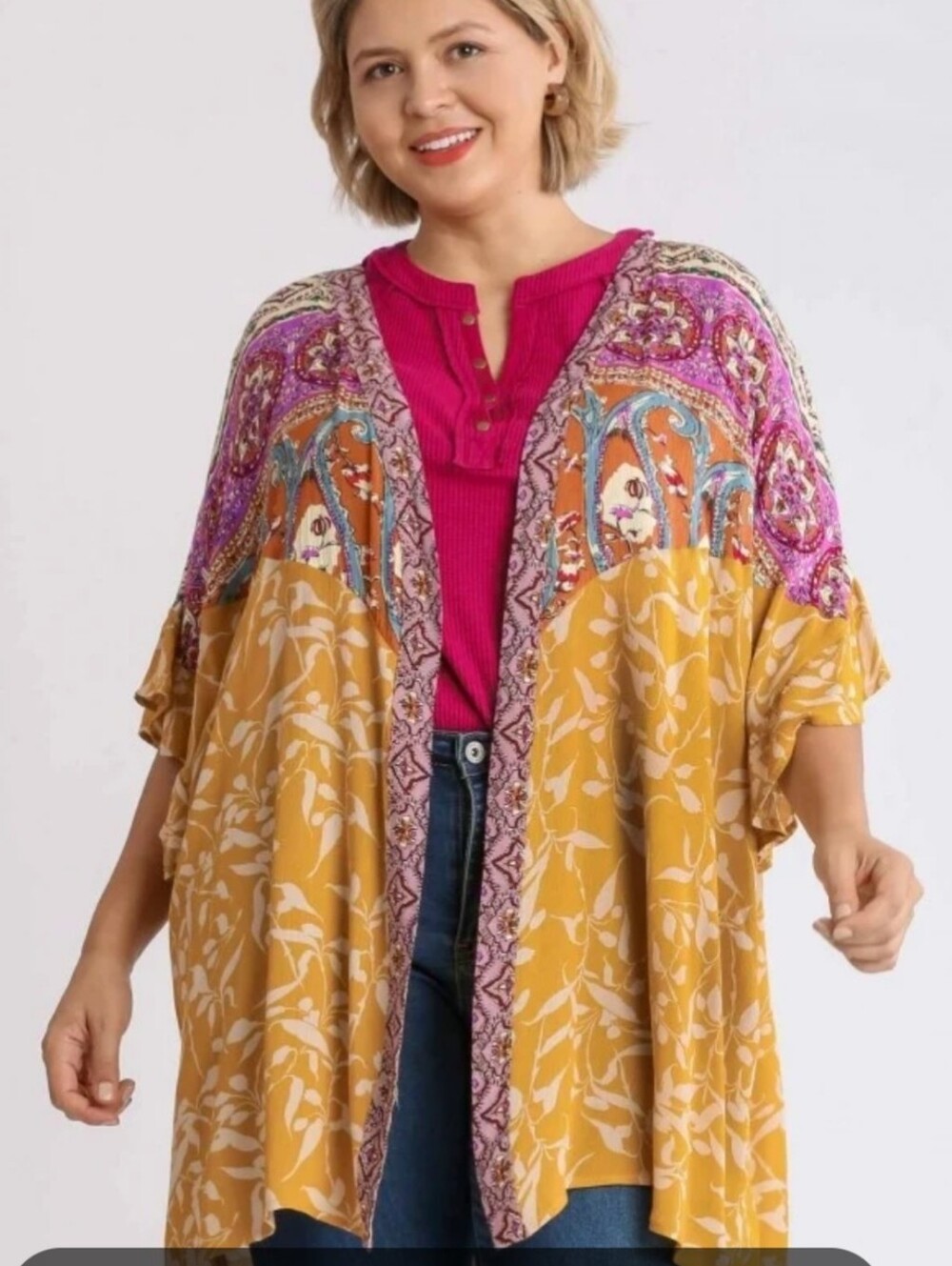 Umgee Mustard Floral Patchwork Short Sleeve Kimono - S/M  New w/Tags